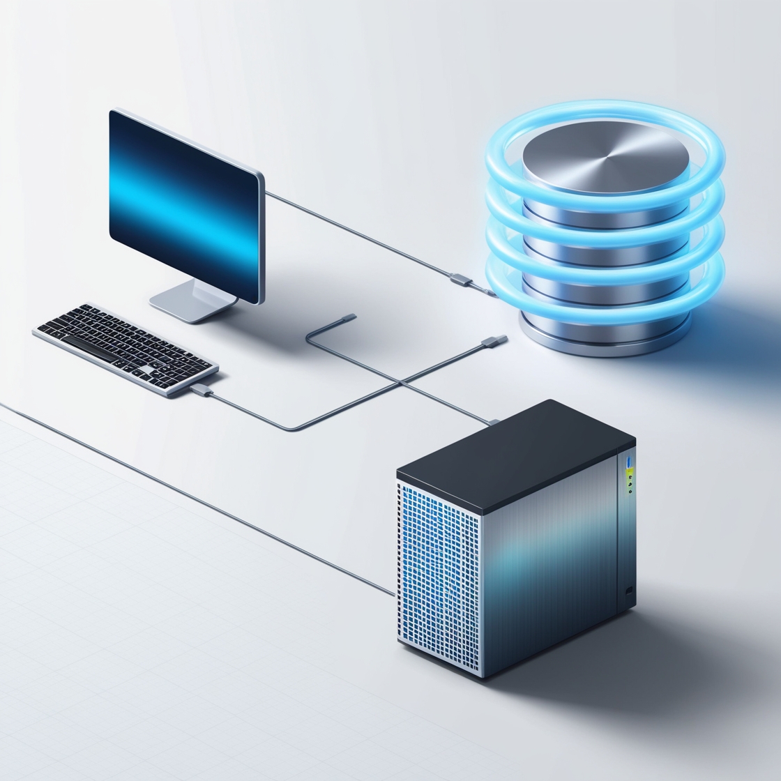 Image of a computer connected to a database and a server.